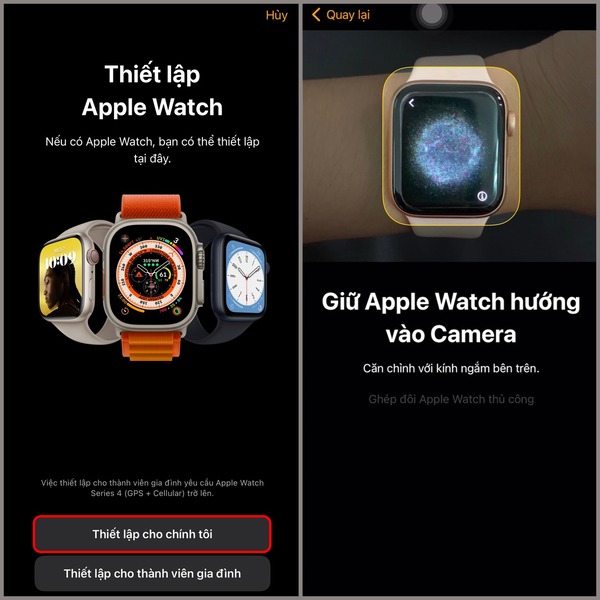Bạn lựa chọn "Thiết lập cho chính tôi" và đưa Apple Watch vào vùng vàng camera của iPhone cần kết nối  